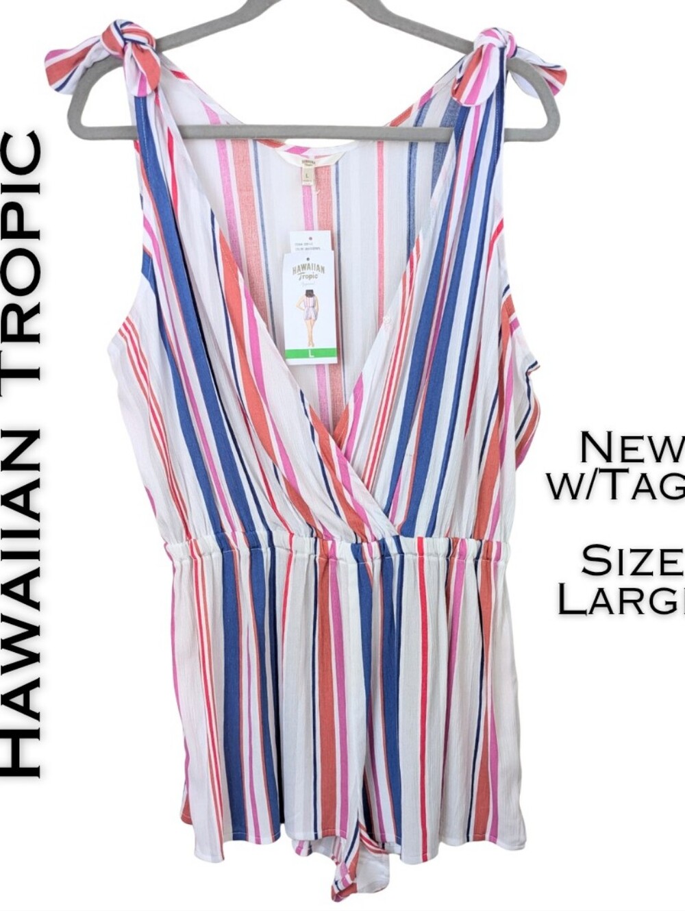 Hawaiian Tropic Romper Large Multicolor Striped Tie Shoulder V-Neck NEW